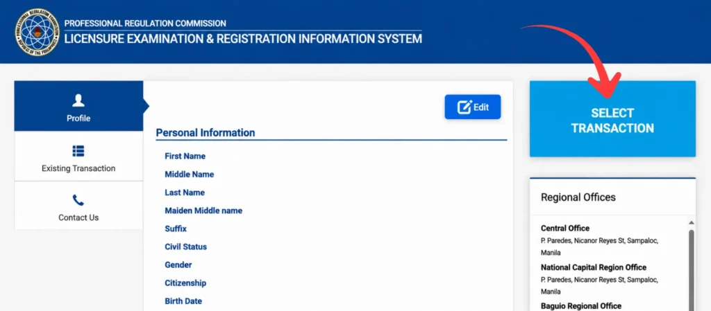 Step 2 Select the PRC transaction button