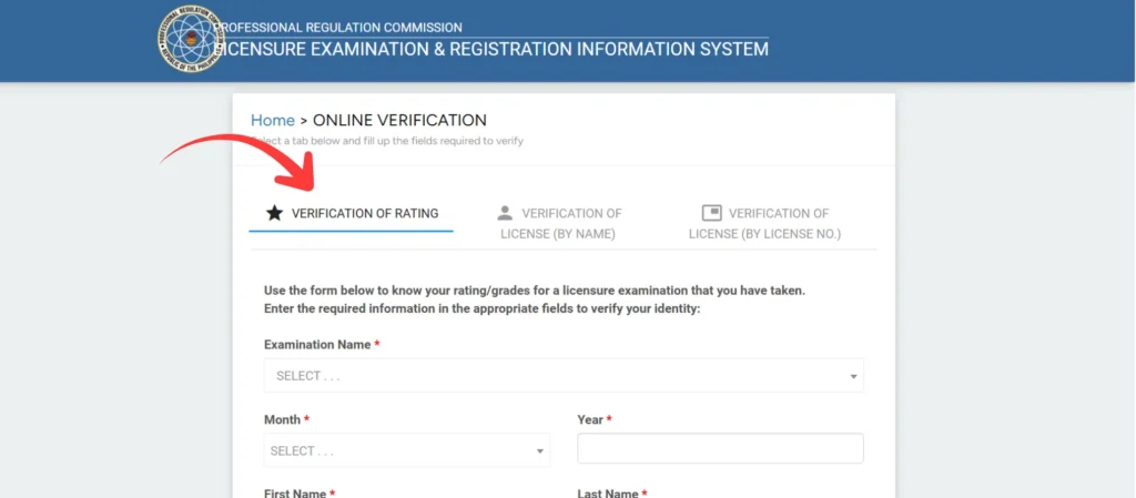 Step 2 Select the Verification of Rating