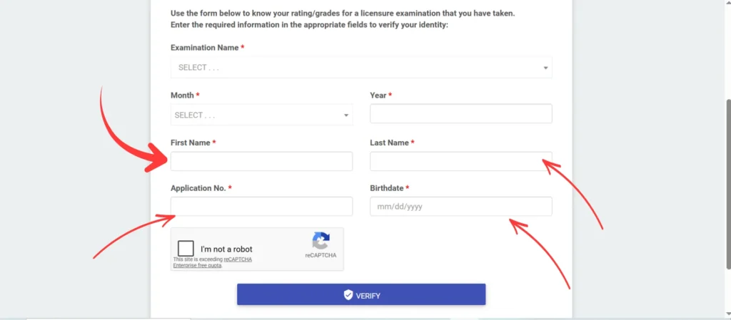 Step 3 Enter your first and last name, birth date, application number, and exam date as requested